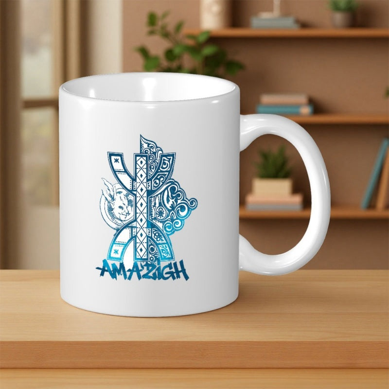 Tailorly White Ceramic 11 oz Mug - Amazigh Cultural Ethnic Design Featuring Intricate Blue Artistic Geometric Pattern Yaz Symbol
