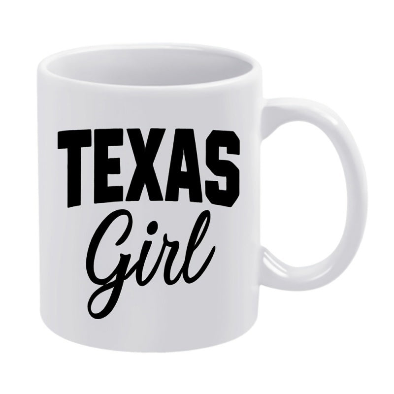 Tailorly White Ceramic 11 oz Mug - Texas Girl Bold Collegiate Letters With Elegant Flowing Black Script Typographic Sign