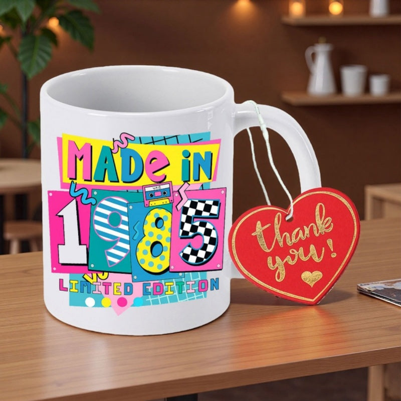 Tailorly White Ceramic 11 oz Mug - Made In 1985 Limited Edition Colorful Retro Memphis Style With Geometric Patterns And Vibrant Shapes Design