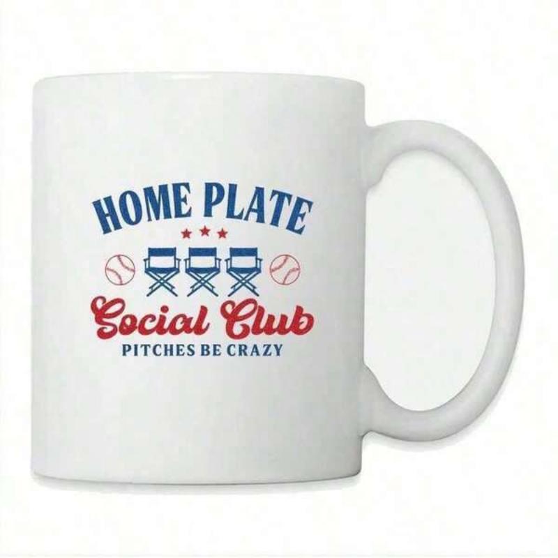 Tailorly White Ceramic 11 oz Mug - Home Plate Social Club Pitches Be Crazy Vintage Baseball Theme With Stadium Chairs And Small Red Stars Mug