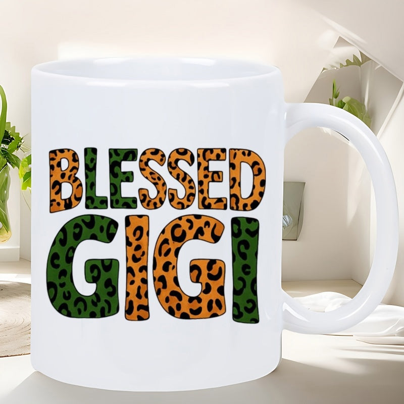 Tailorly White Ceramic 11 oz Mug - Blessed Gigi Bold Stylish Typography Featuring Vibrant Green And Orange Cheetah Animal Prints Typography