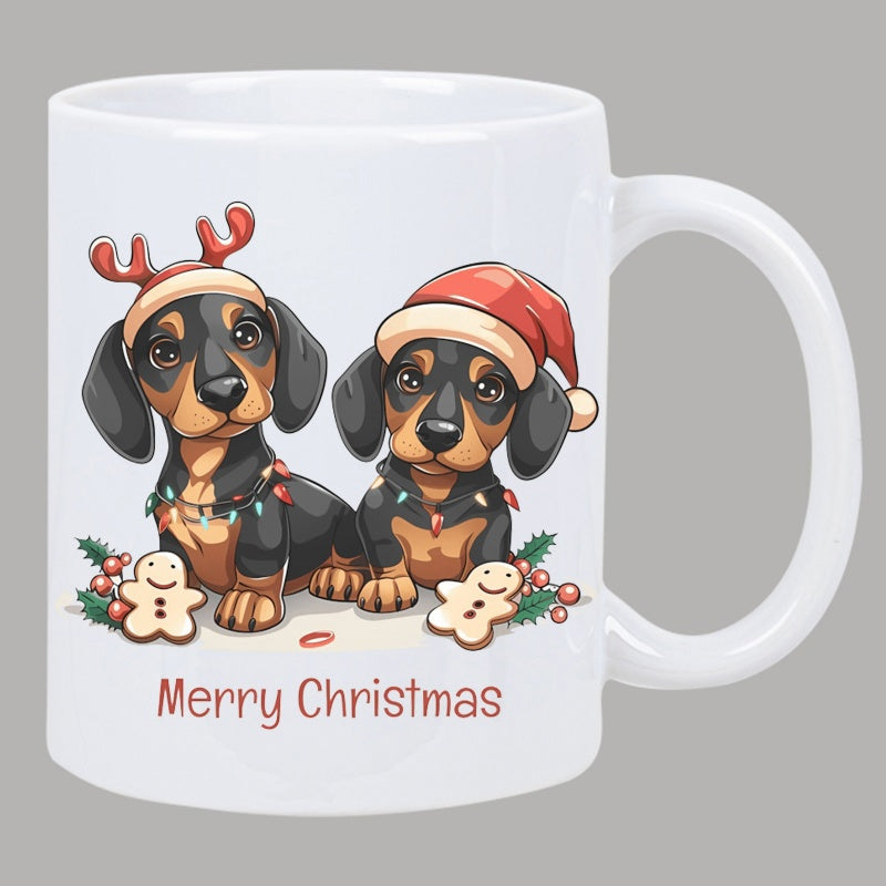 Tailorly White Ceramic 11 oz Mug - Merry Christmas Two Festive Puppies Wearing Santa Hats Among Holiday Gingerbread Cookies Dachshunds