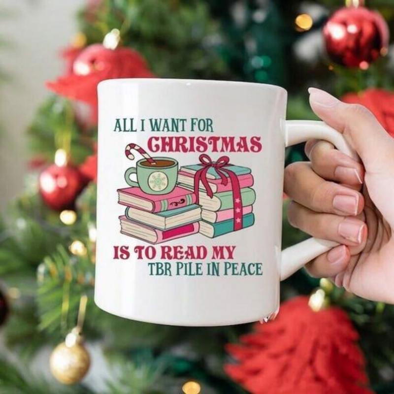 Tailorly White Ceramic 11 oz Mug - All I Want For Christmas Is To Read My TBR Pile In Peace Festive Holiday Arrangement With Stacked Reading Materials And Warm