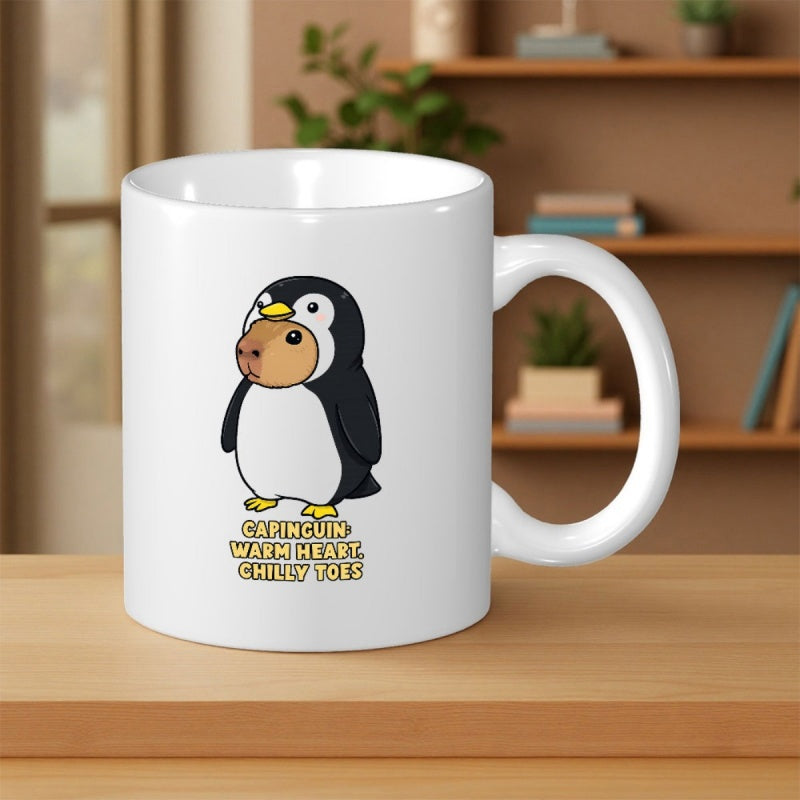 Tailorly White Ceramic 11 oz Mug - Capybara Warm Heart Chilly Toes Adorable Cartoon Capybara Wearing A Soft Black And White Penguin Costume Capybara