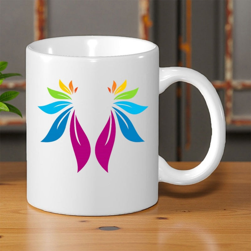 Tailorly White Ceramic 11 oz Mug - Vibrant Symmetrical Rainbow Colored Petal Shapes Spreading Like Abstract Artistic Wings