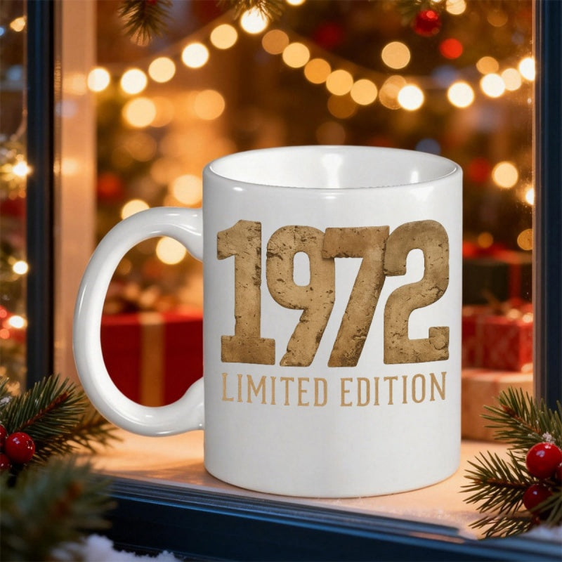 Tailorly White Ceramic 11 oz Mug - 1972 Limited Edition Large Bold Distressed Gold Numbers On White Surface Mug