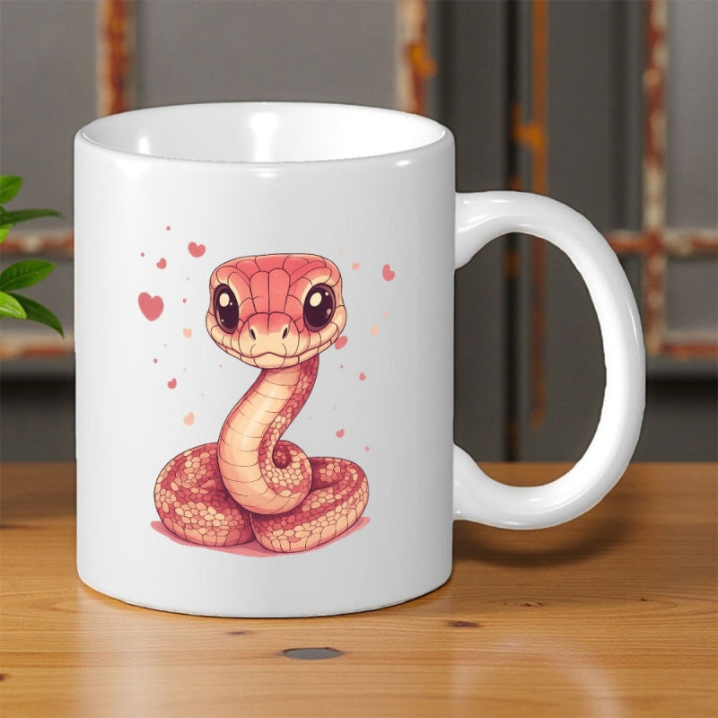 Tailorly White Ceramic 11 oz Mug - Adorable Pink Cartoon Serpent With Floating Hearts And Big Expressive Eyes Snake