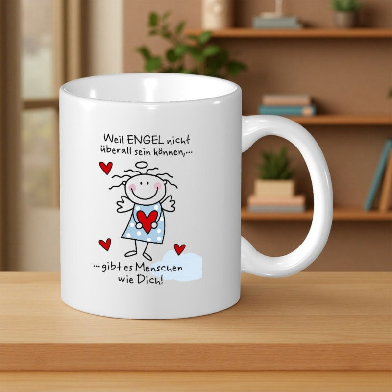 Tailorly White Ceramic 11 oz Mug - Smiling Minimalist Hand Drawn Celestial Figure Holding A Vibrant Red Heart Angel
