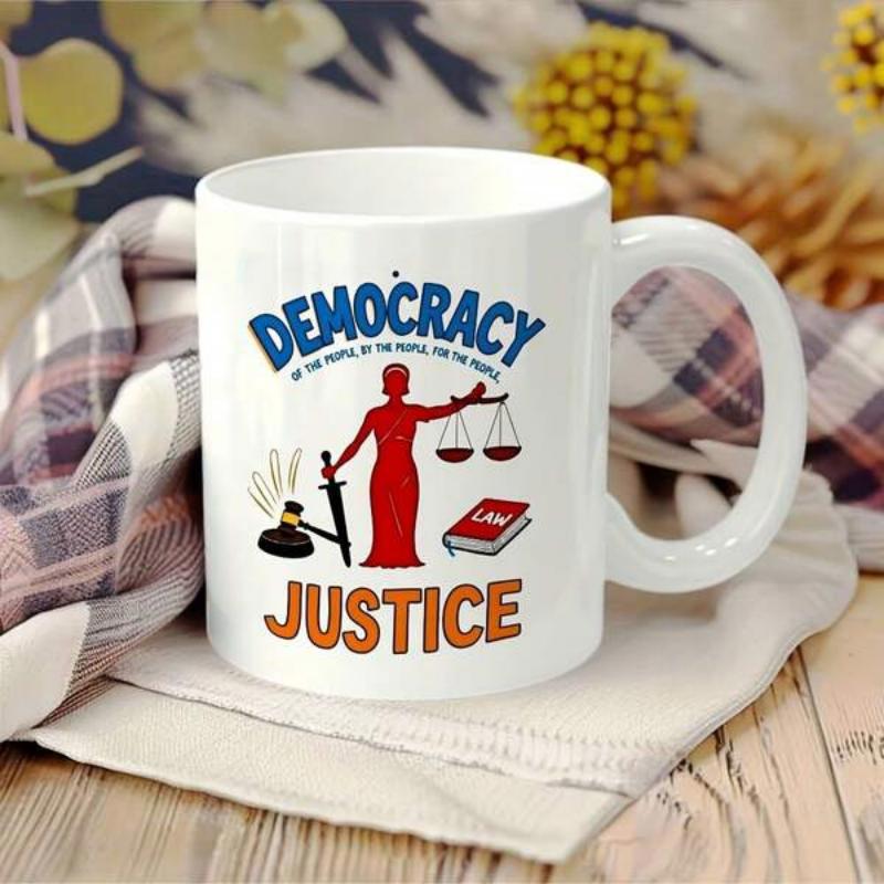 Tailorly White Ceramic 11 oz Mug - Democracy Justice By The People For The People Red Silhouette Figure Holding Scales And Sword Among Legal Law Book Symbols Lady