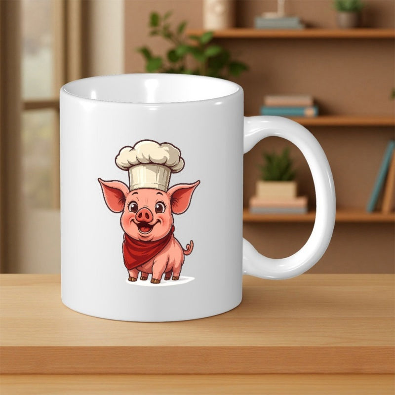 Tailorly White Ceramic 11 oz Mug - Adorable Little Cartoon Chef Wearing White Toque And Scarf Pig