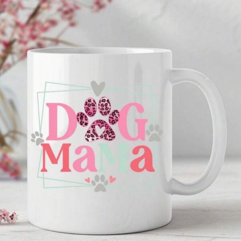 Tailorly White Ceramic 11 oz Mug - Dog Mama Stylish Pink Leopard Patterned Paw Print With Hearts And Geometric Lines Paw Print