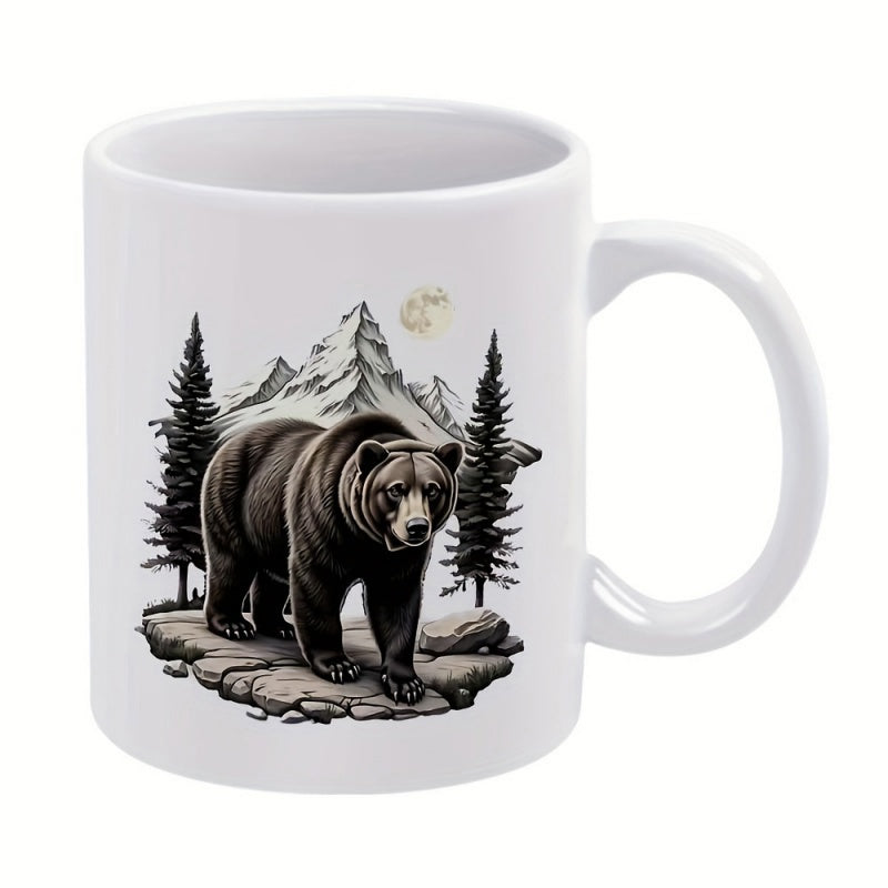 Tailorly White Ceramic 11 oz Mug - Majestic Grizzly Standing Near Pine Trees With Snow Capped Mountains Bear