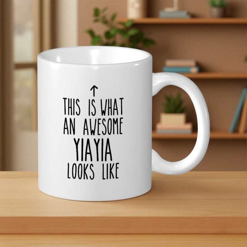 Tailorly White Ceramic 11 oz Mug - This Is What An Awesome Yiayia Looks Like Minimalist Featuring Hand Drawn Black Text And Arrow Mug