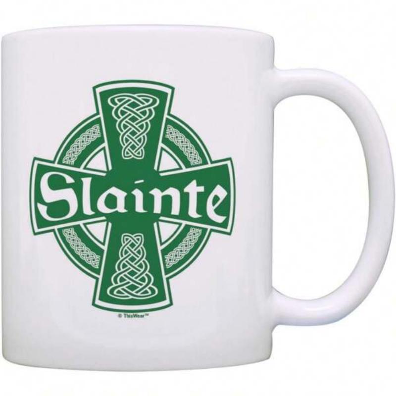 Tailorly White Ceramic 11 oz Mug - Slainte Traditional Green Celtic Cross With Intricate Knotwork Patterns Mug