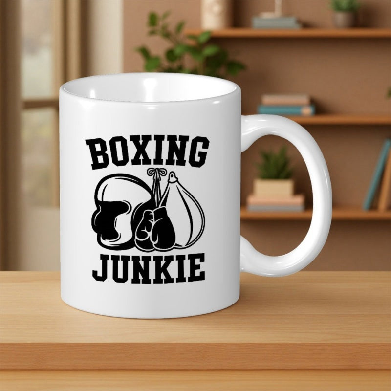 Tailorly White Ceramic 11 oz Mug - Boxing Junkie Minimalist Black Silhouette Gear Featuring Protective Headwear And Gloves Among Punching Equipment