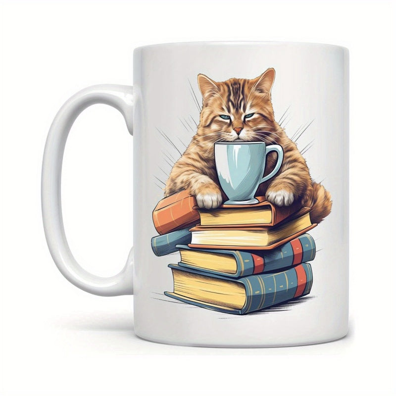Tailorly White Ceramic 11 oz Mug - Ginger Tabby Resting Behind A Stack Of Colorful Vintage Books Cat