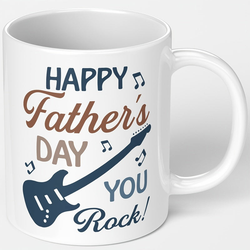 Tailorly White Ceramic 11 oz Mug - Happy Father's Day You Rock Sleek Silhouette With Dancing Musical Notes And Rhythmic Symbols Guitar