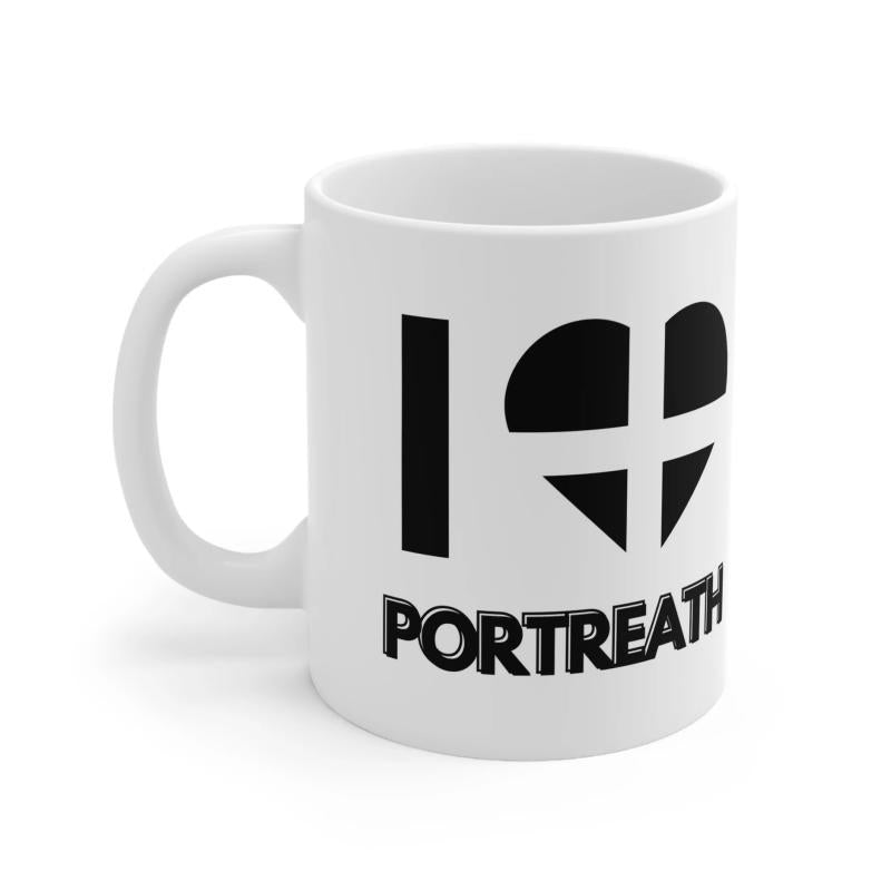 Tailorly White Ceramic 11 oz Mug - Portreath Minimalist Bold Black Heart Featuring White Cornish Cross Emblem Heart
