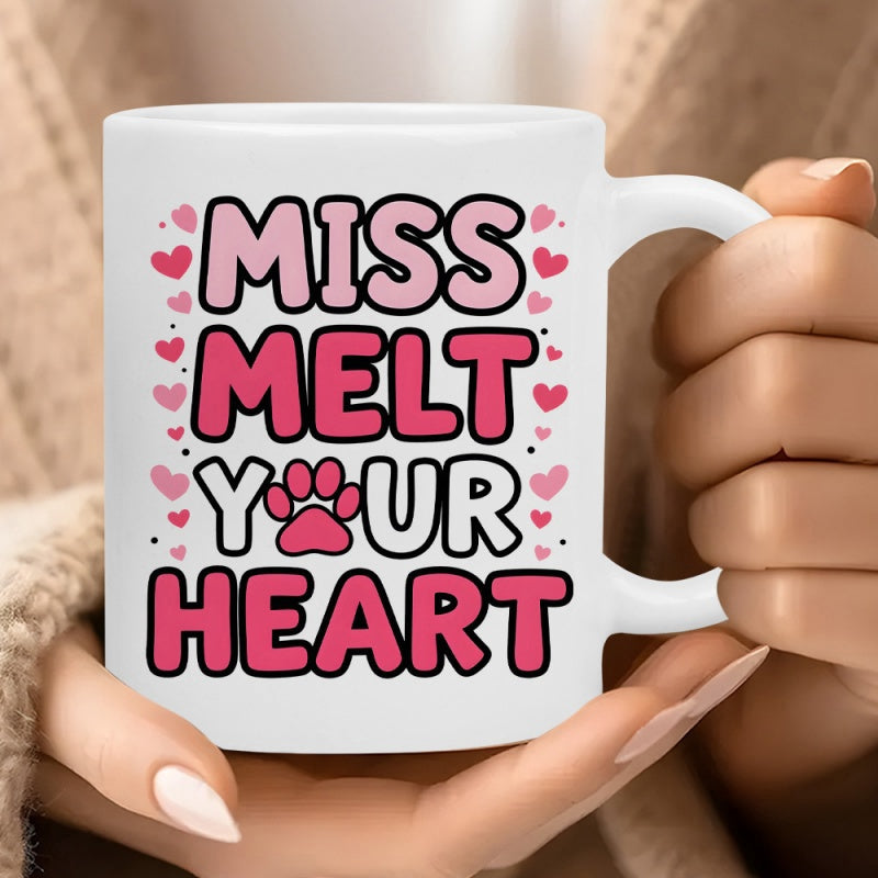 Tailorly White Ceramic 11 oz Mug - Miss Melt Your Heart Artistic Pink Bubble Letters With Small Hearts And Cute Paw Print Mug
