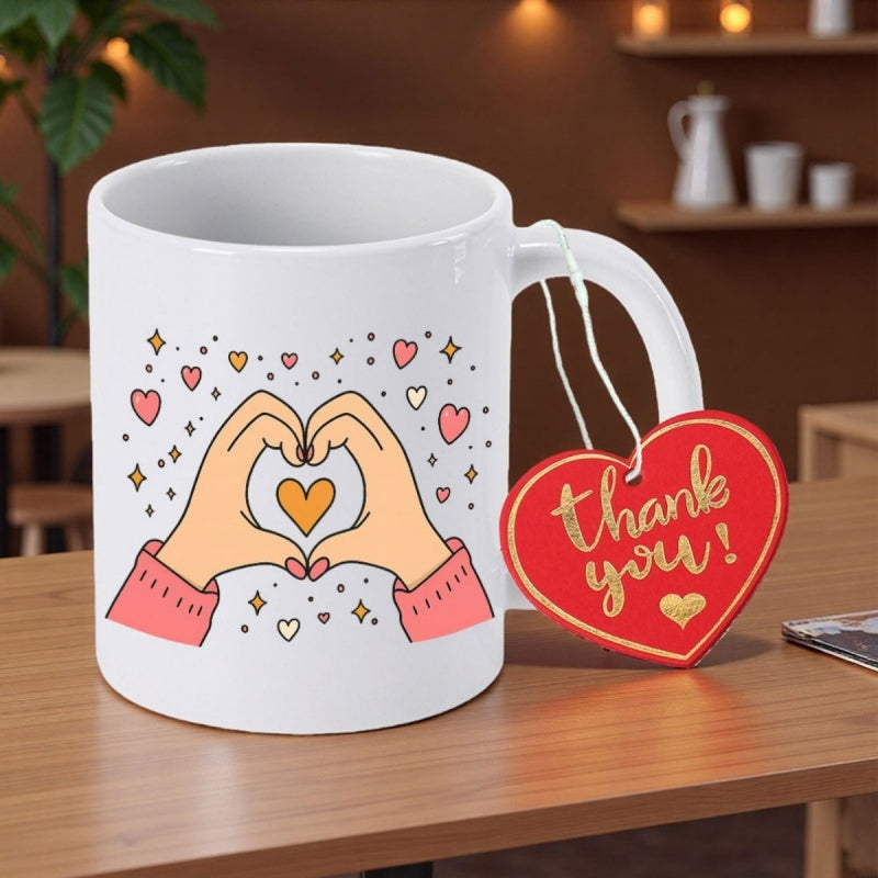 Tailorly White Ceramic 11 oz Mug - Thank You Two Hands Forming A Heart Shape Surrounded By Small Sparkles And Hearts Heart