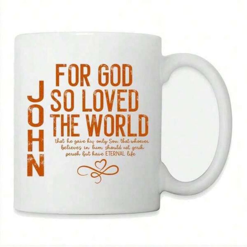 Tailorly White Ceramic 11 oz Mug - John For God So Loved The World Rustic Brown Artistic Lettering Featuring A Small Decorative Heart Mug
