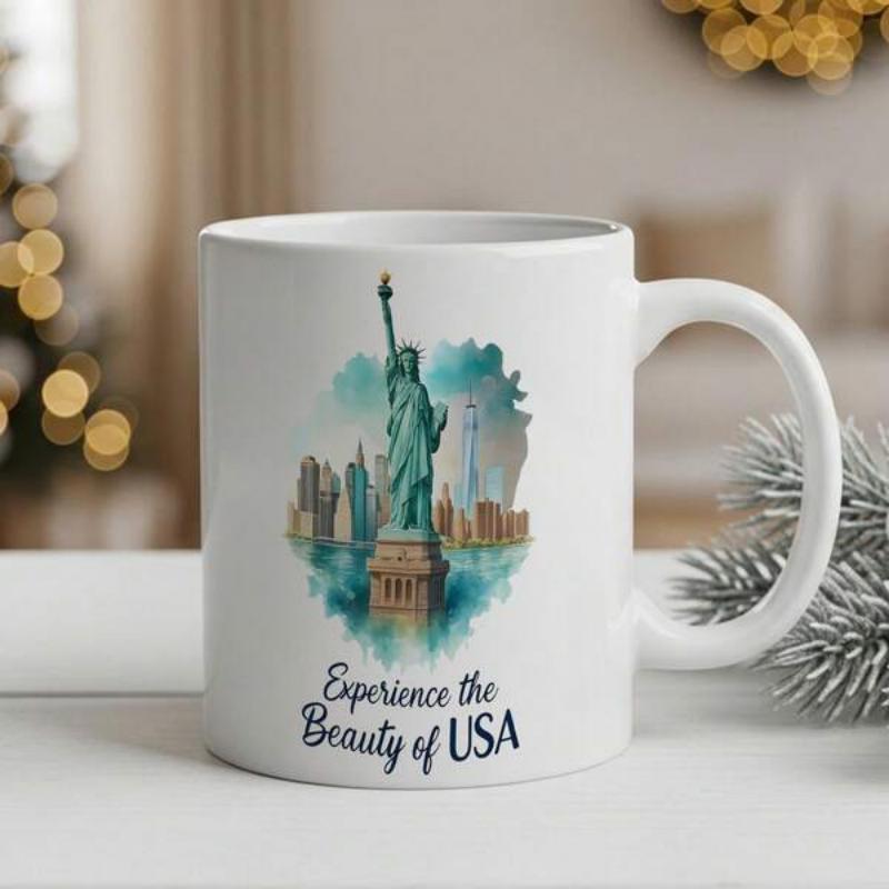 Tailorly White Ceramic 11 oz Mug - Experience The Beauty Of USA Watercolor Illustration Featuring New York City Skyline Behind Majestic Statue Of Liberty