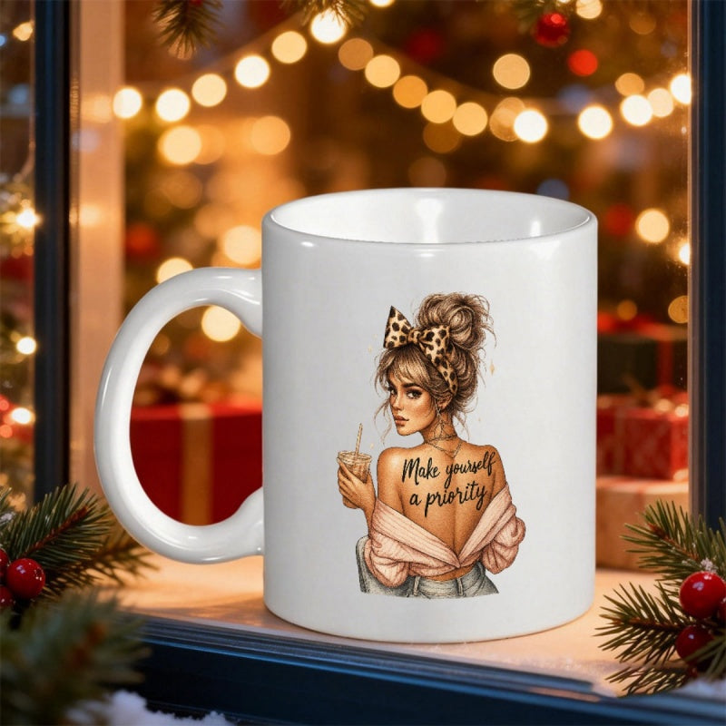 Tailorly White Ceramic 11 oz Mug - Make Yourself A Priority Stylish Girl Wearing Leopard Bow Holding Coffee Among Festive Holiday Lights Woman