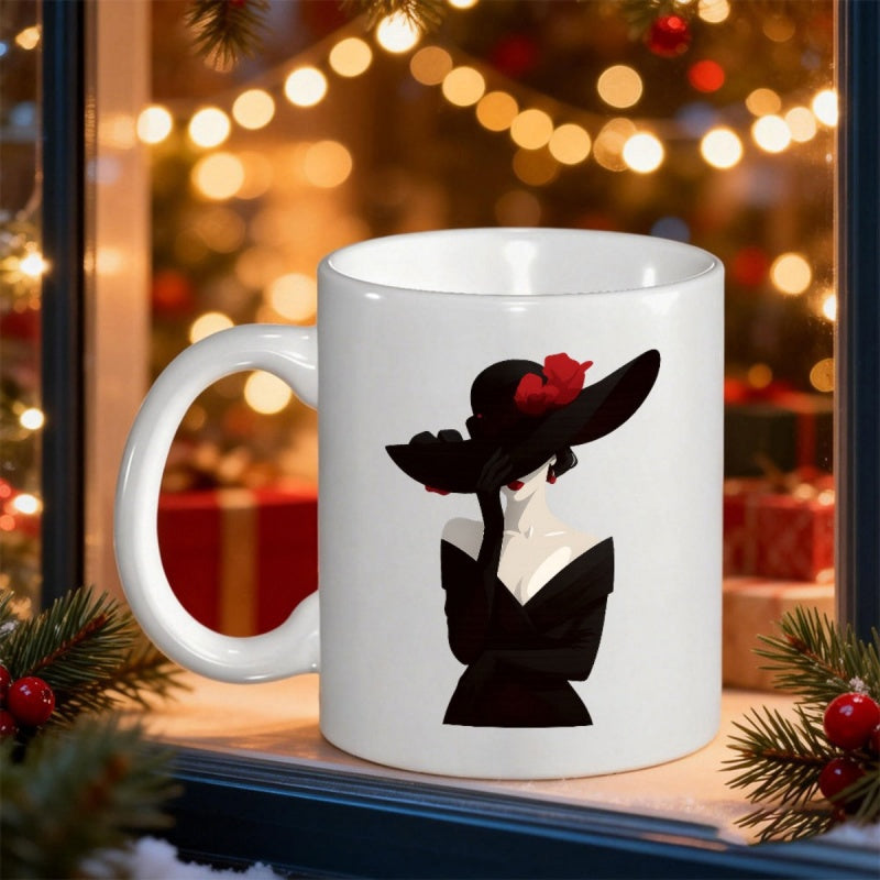 Tailorly White Ceramic 11 oz Mug - Elegant Vintage Silhouette Wearing Wide Brimmed Black Hat With Red Rose Lady