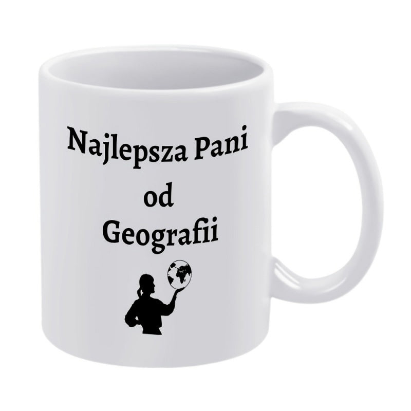 Tailorly White Ceramic 11 oz Mug - Minimalist Silhouette Of A Woman Holding Up A Small Round Globe Teacher