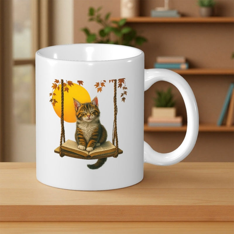 Tailorly White Ceramic 11 oz Mug - Whimsical Tabby Kitten Sitting On An Open Book Swing Under Autumn Leaves Cat