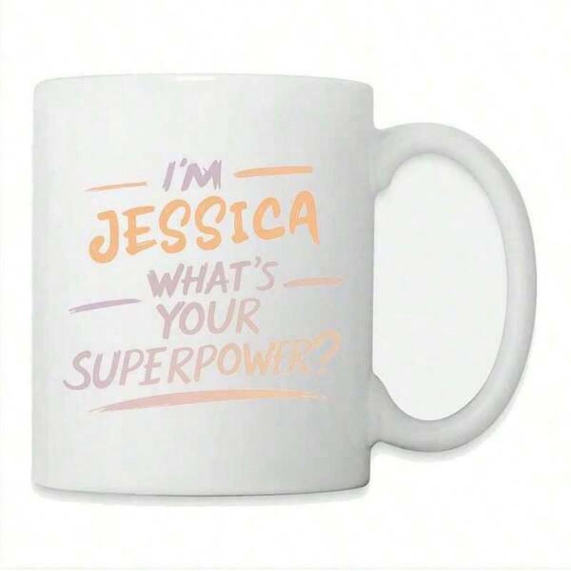 Tailorly White Ceramic 11 oz Mug - Im Jessica Whats Your Superpower Minimalist Modern Typography Featuring Vibrant Peach Bold Lettering Mug
