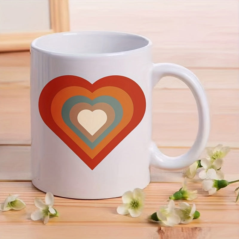 Tailorly White Ceramic 11 oz Mug - Multi Colored Concentric Heart Layers With Warm Retro Earthy Tones Heart