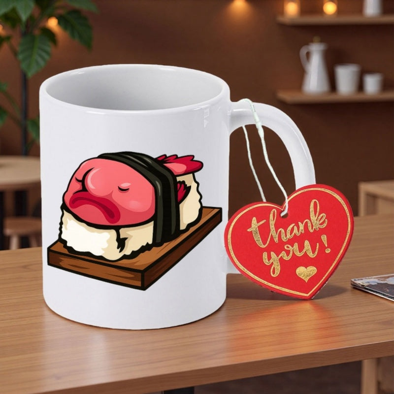 Tailorly White Ceramic 11 oz Mug - Thank You Cute Cartoon Pink Blobfish Character Sitting On Rice Nigiri Style Sushi