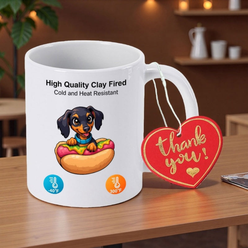 Tailorly White Ceramic 11 oz Mug - High Quality Clay Fired Cold And Heat Resistant Thank You Adorable Puppy Sitting Inside A Tasty Warm Hot Dog Bun Dachshund