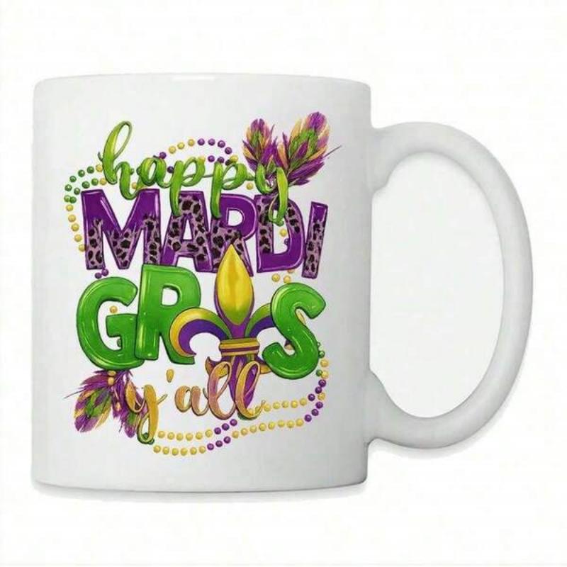 Tailorly White Ceramic 11 oz Mug - Happy Mardi Gras Yall Festive Colorful Beads And Feathers Surrounding A Golden Fleur De Lis Mug