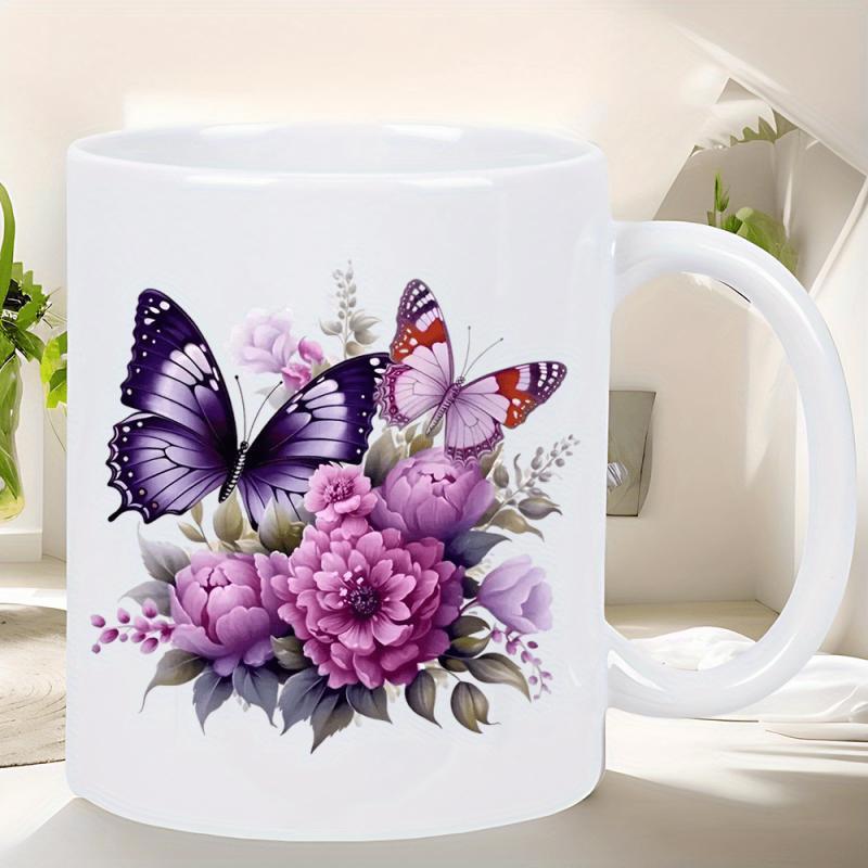 Tailorly White Ceramic 11 oz Mug - Elegant Purple Butterflies Flying Over Vibrant Blooming Floral Garden Bouquet Butterfly