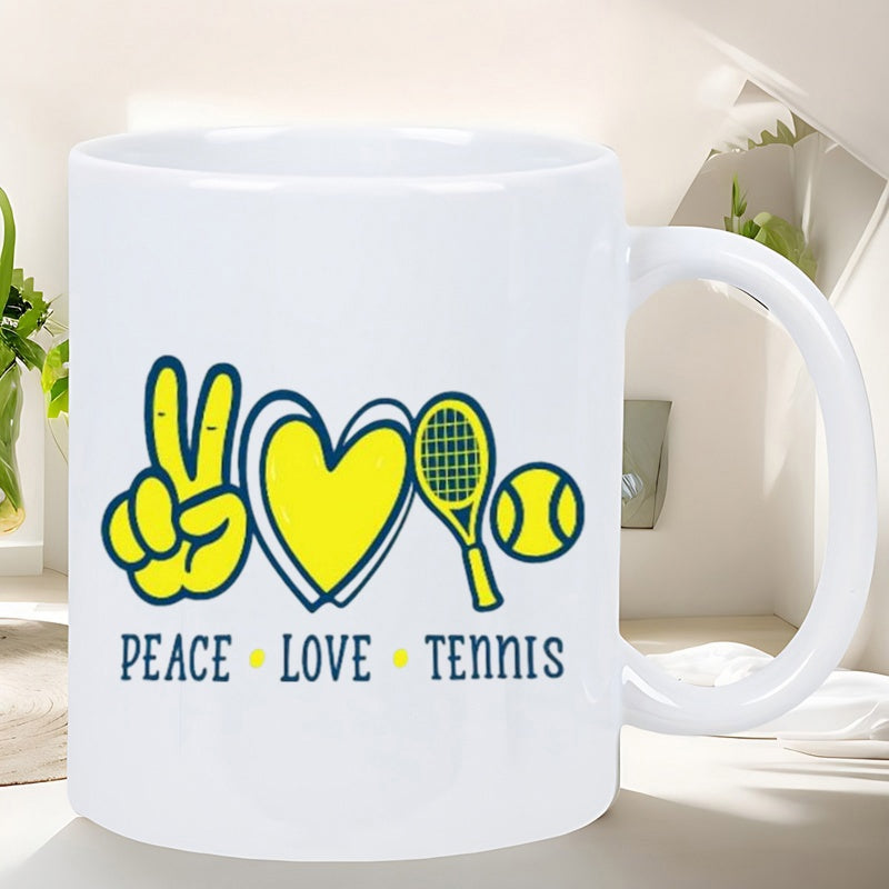 Tailorly White Ceramic 11 oz Mug - Peace Love Tennis Vibrant Yellow Sports Elements Including Heart And Peace Sign For Players Tennis Racket