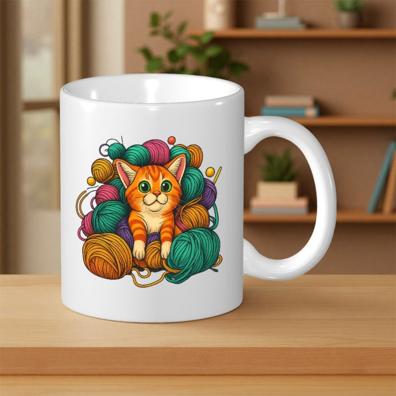 Tailorly White Ceramic 11 oz Mug - Adorable Orange Tabby Kitten Nestled Within Colorful Soft Tangled Yarn Balls Cat