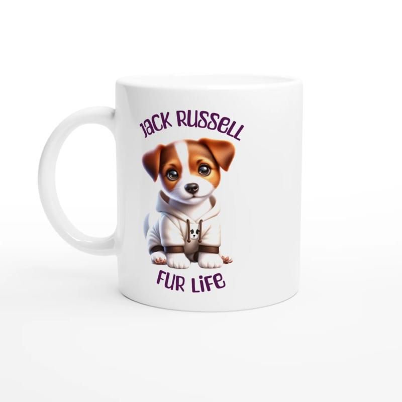 Tailorly White Ceramic 11 oz Mug - Jack Russell Fur Life Adorable Puppy Wearing Stylish White Hoodie Sitting Alone Gracefully Dog