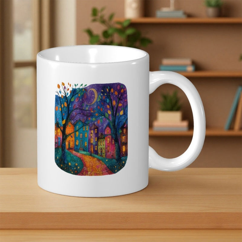 Tailorly White Ceramic 11 oz Mug - Vibrant Night Scene With Colorful Houses Under A Glowing Crescent Moon Village