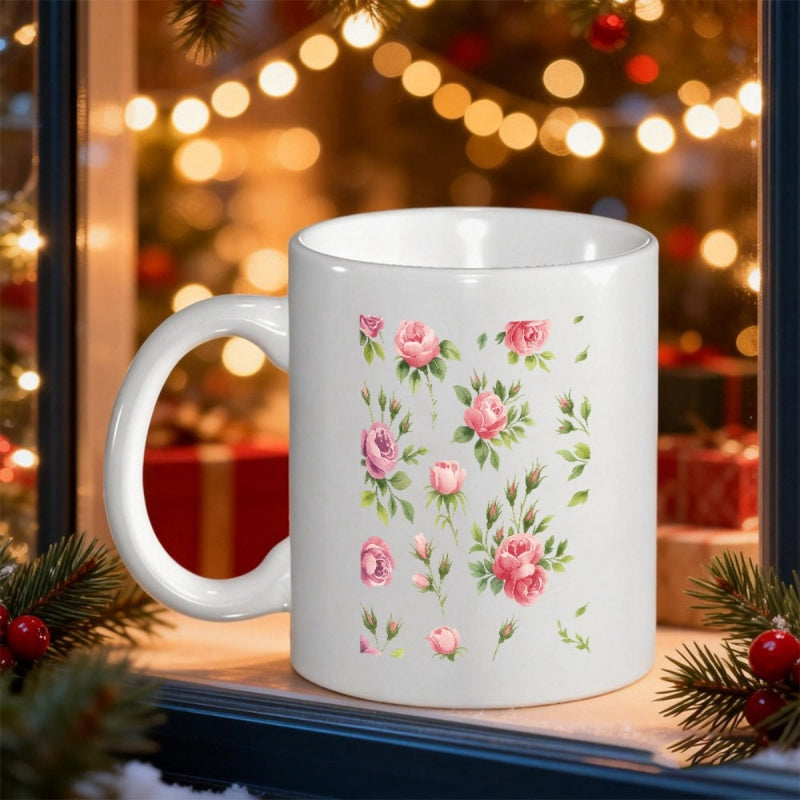 Tailorly White Ceramic 11 oz Mug - Graceful Blooming Pink Flowers With Green Leaves In A Gentle Garden Rose