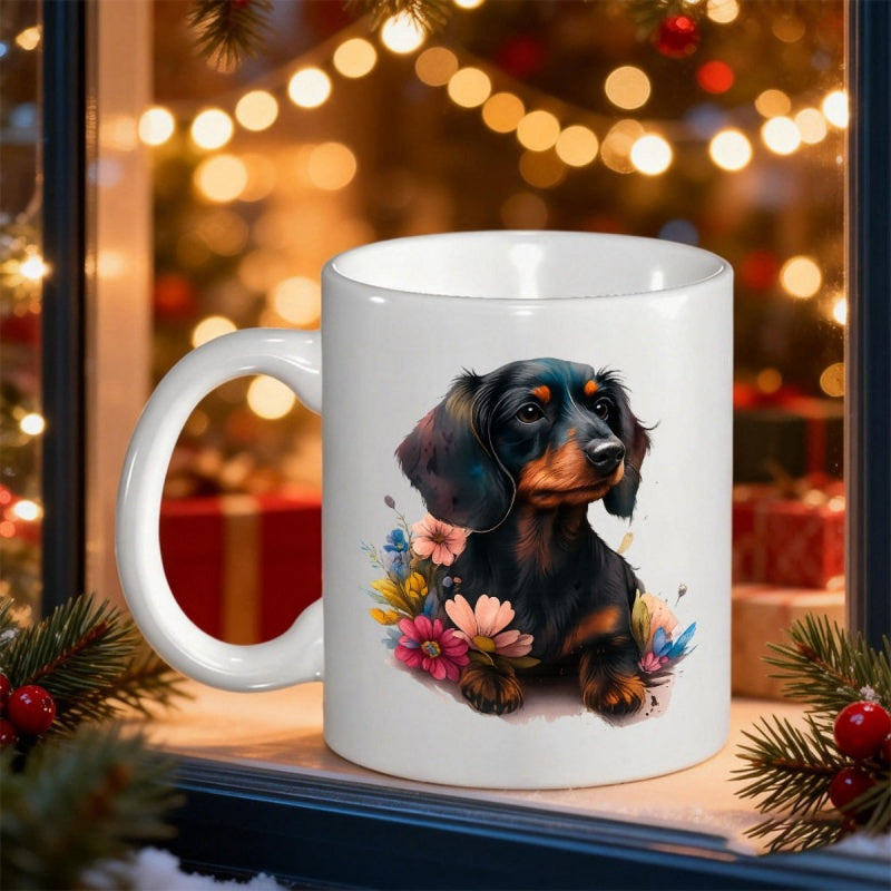 Tailorly White Ceramic 11 oz Mug - Adorable Black And Tan Puppy Sitting Among Vibrant Colorful Flowers Dachshund