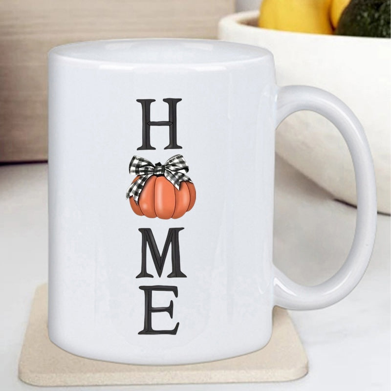 Tailorly White Ceramic 11 oz Mug - Home Rustic Autumn Orange Harvest Decor With Plaid Bow Tied Around Pumpkin