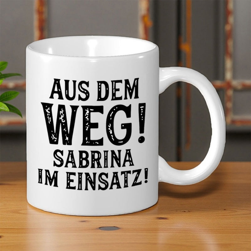 Tailorly White Ceramic 11 oz Mug - Glossy Ceramic Surface With Bold Typography Sitting On Wooden Table Mug