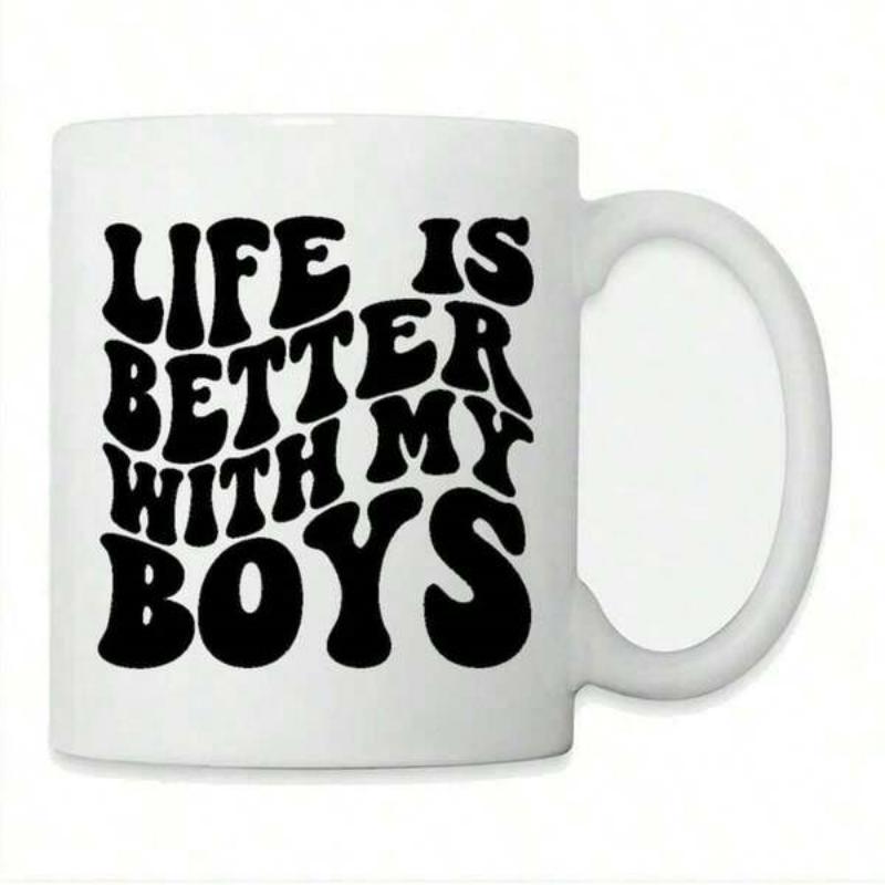 Tailorly White Ceramic 11 oz Mug - Life Is Better With My Boys Retro Wavy Black Typography Printed On A