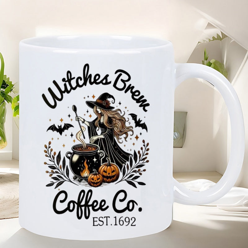 Tailorly White Ceramic 11 oz Mug - Witches Brew Coffee Co EST 1692 Mystical Witch Stirring A Cauldron Among Bats And Autumn Pumpkins Witch