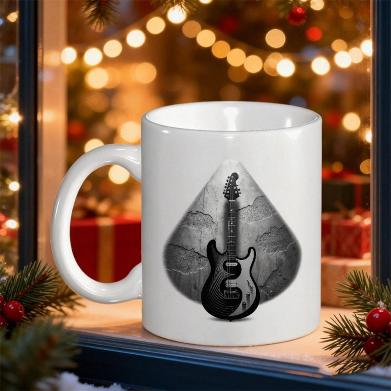 Tailorly White Ceramic 11 oz Mug - Monochrome Artistic Electric Musical Instrument Within Dark Textured Teardrop Guitar