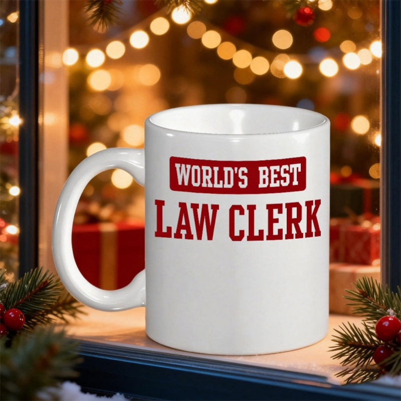 Tailorly White Ceramic 11 oz Mug - Worlds Best Law Clerk Bold Red Block Lettering Centered On A Clean White Glossy Mug