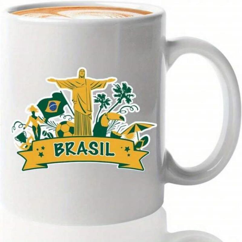 Tailorly White Ceramic 11 oz Mug - Brasil Iconic Landmark Surrounded By Tropical Palms And National Flag Statue