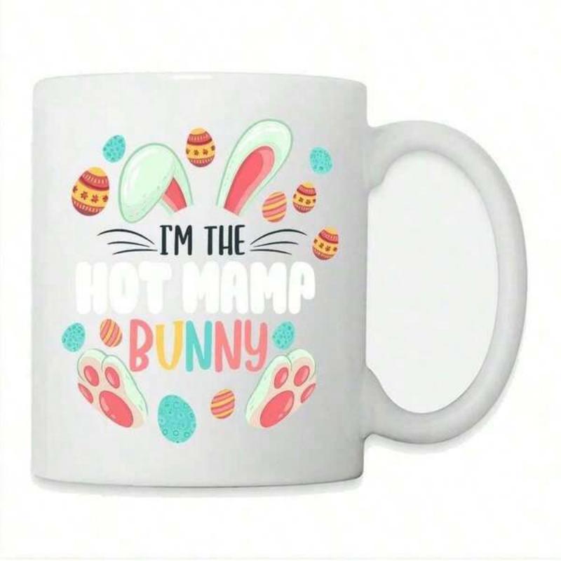 Tailorly White Ceramic 11 oz Mug - I'm The Hot Mama Bunny Colorful Easter Eggs With Cute Bunny Ears And Pink Paws Bunny